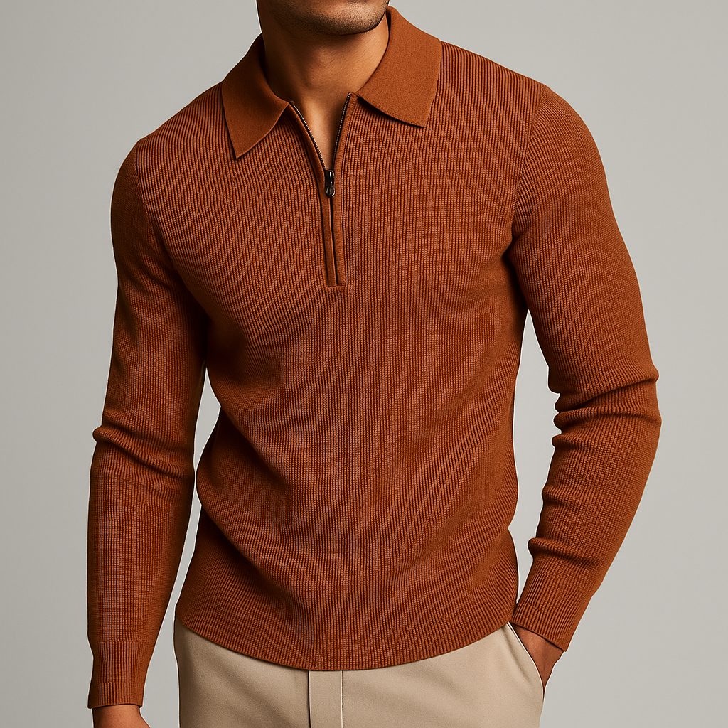 Suéter para hombre con cremallera hasta el pecho de punto waffle ligero – Cuello puntiagudo