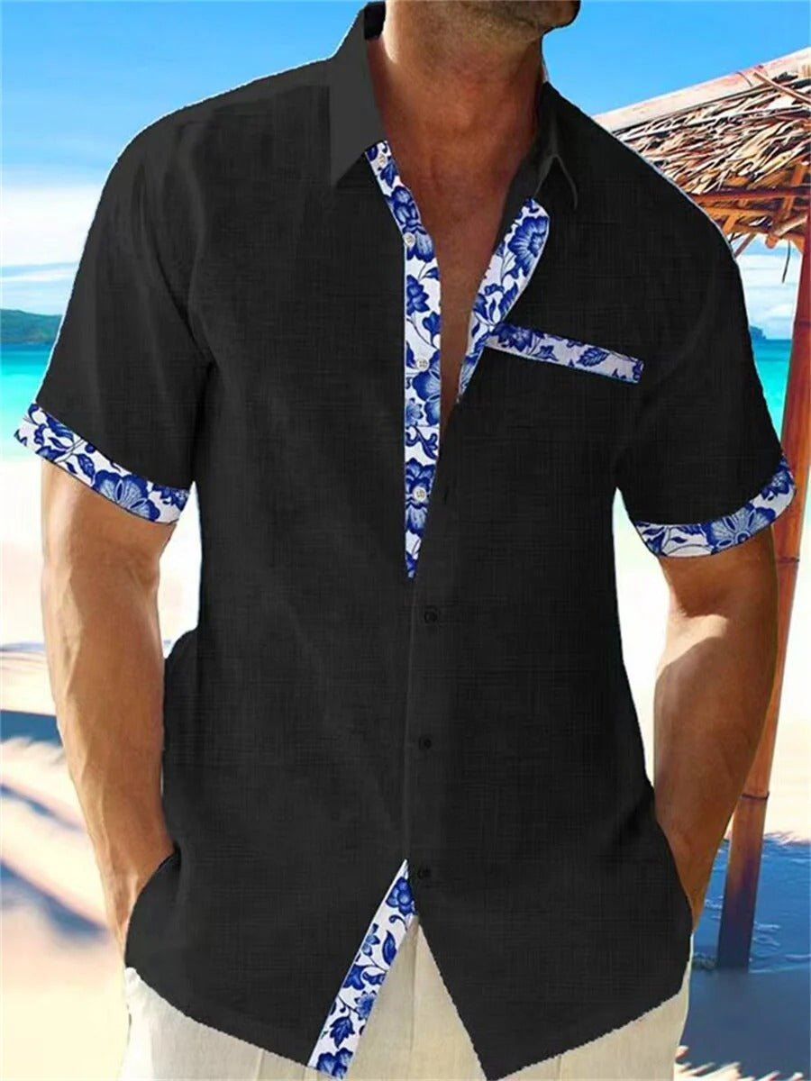 Camisa de manga corta con estampado tropical de algodón para hombre