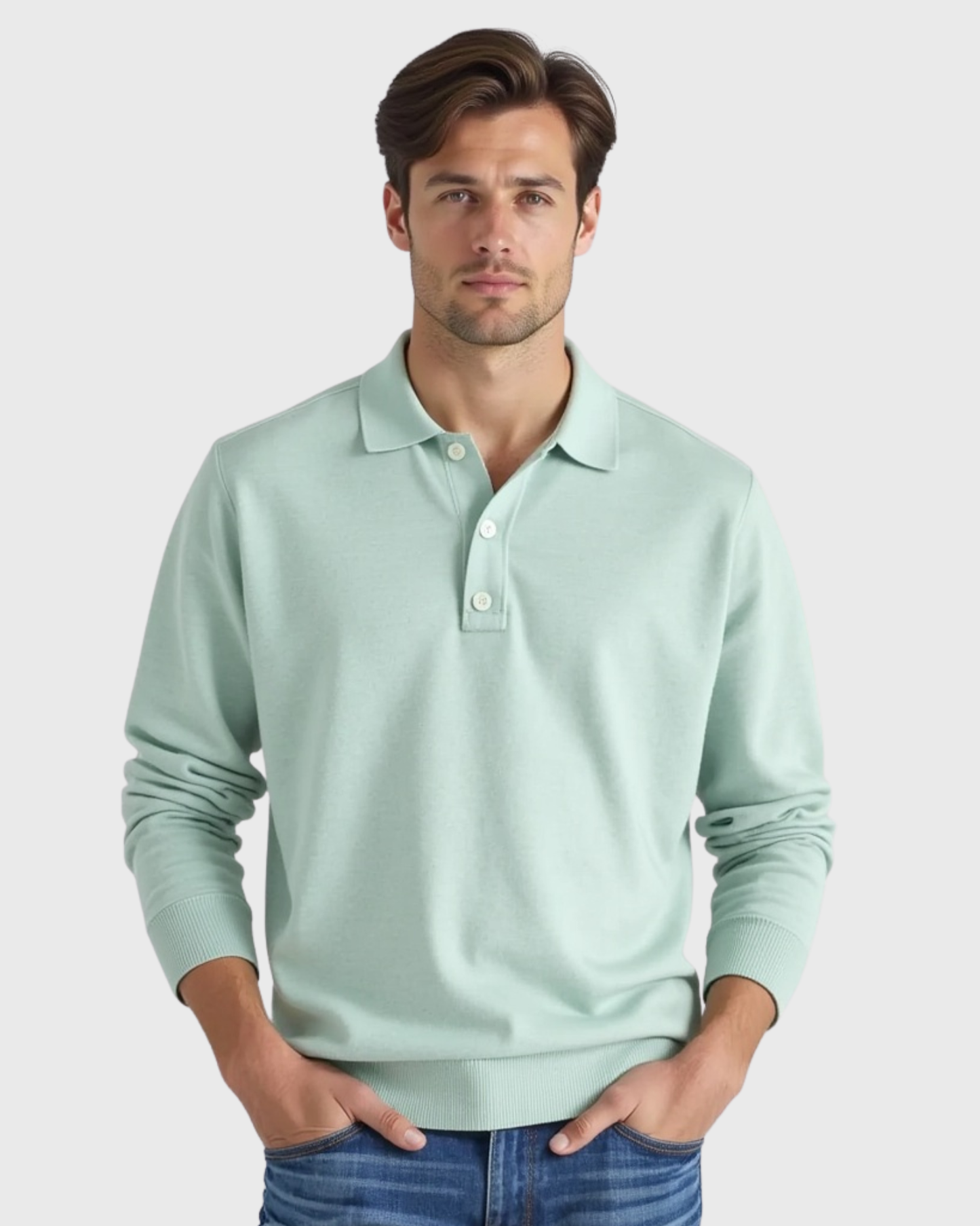 Polo de manga larga con botonadura en el cuello para hombres