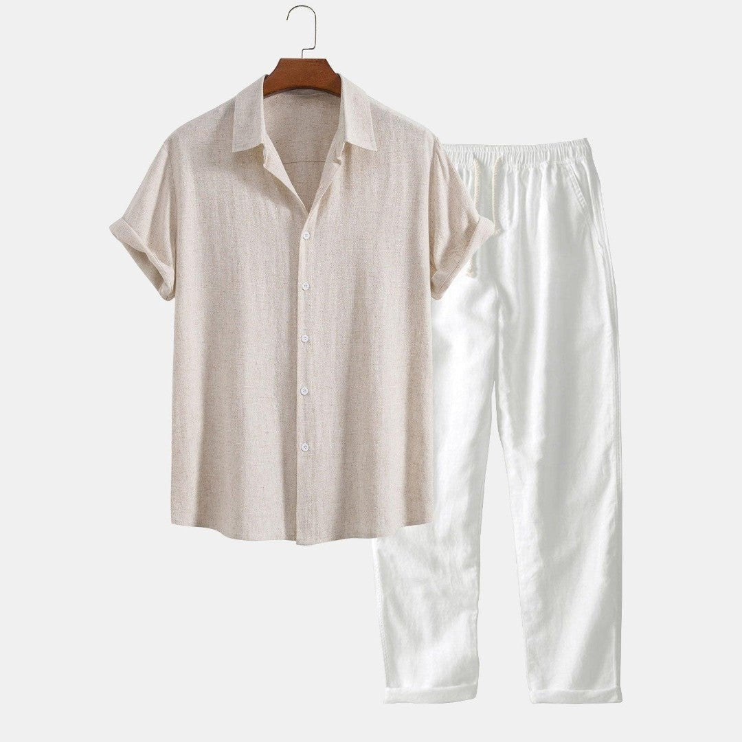 Conjunto de camisa de manga corta y pantalones cortos de mezcla de lino para hombre