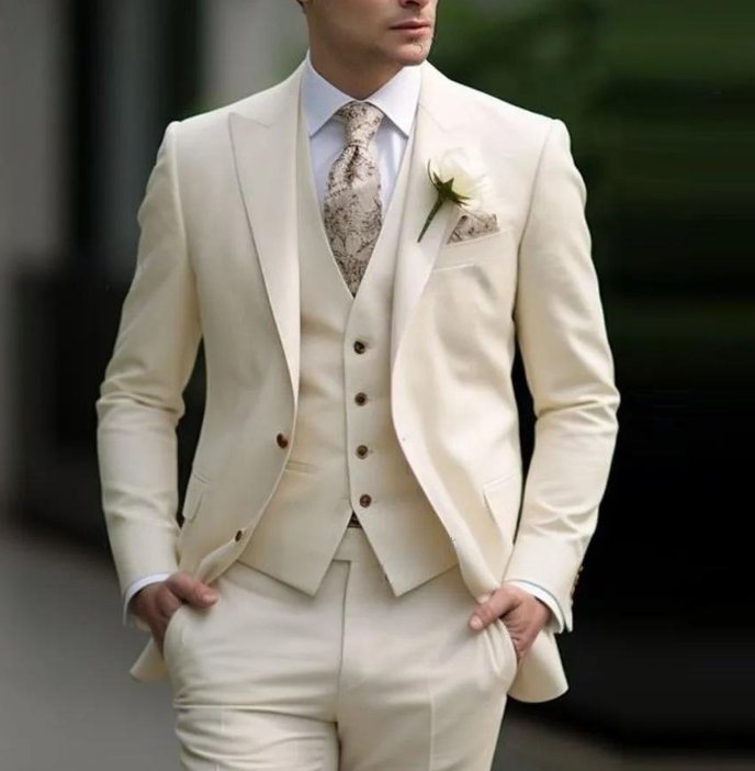 Traje de mezcla de lana de tres piezas con chaqueta, chaleco y pantalón para hombre