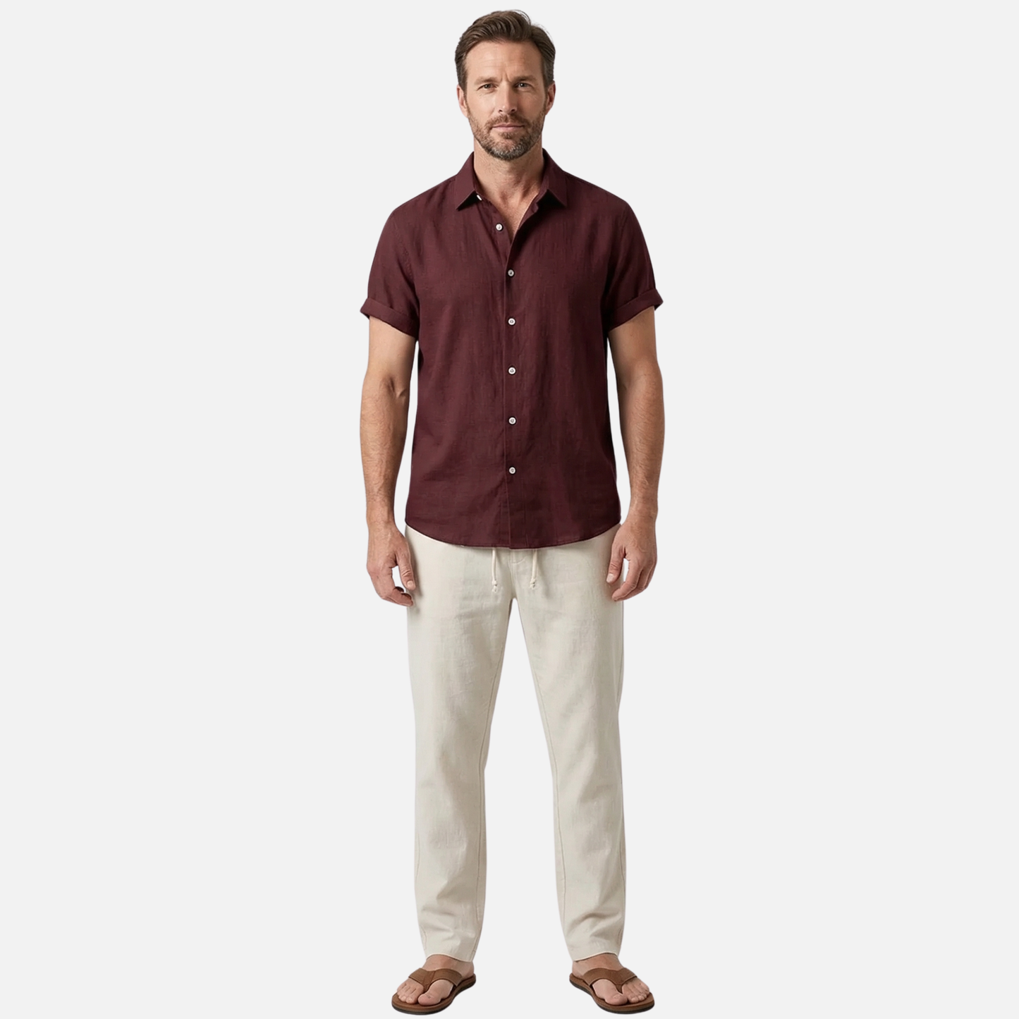 Conjunto ligero y casual de lino para hombre con cierre de botones y bolsillos