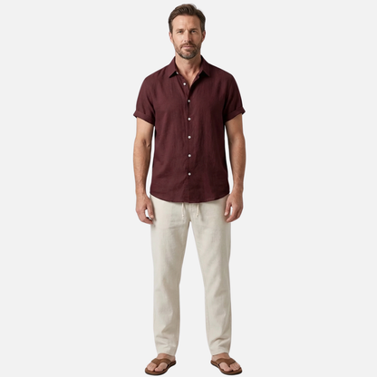 Conjunto ligero y casual de lino para hombre con cierre de botones y bolsillos