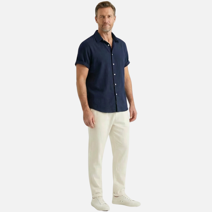 Conjunto ligero y casual de lino para hombre con cierre de botones y bolsillos