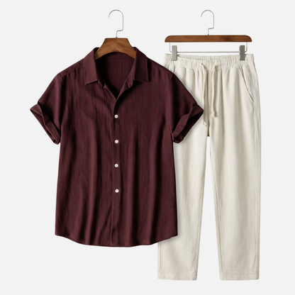 Conjunto ligero y casual de lino para hombre con cierre de botones y bolsillos