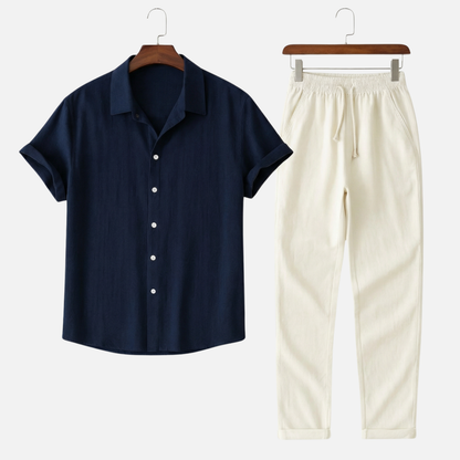 Conjunto ligero y casual de lino para hombre con cierre de botones y bolsillos