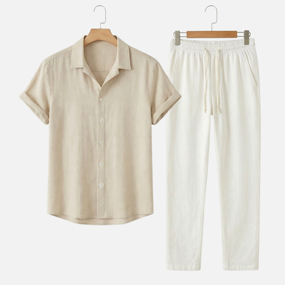 Conjunto ligero y casual de lino para hombre con cierre de botones y bolsillos