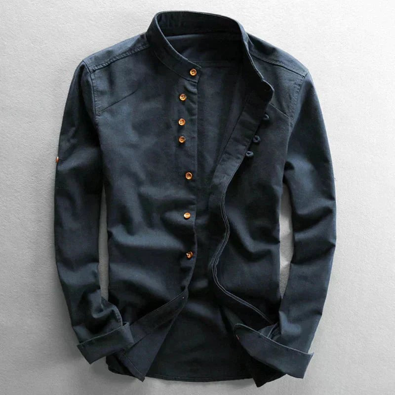 Camisa de algodón estilo kimono con cuello mao para hombre