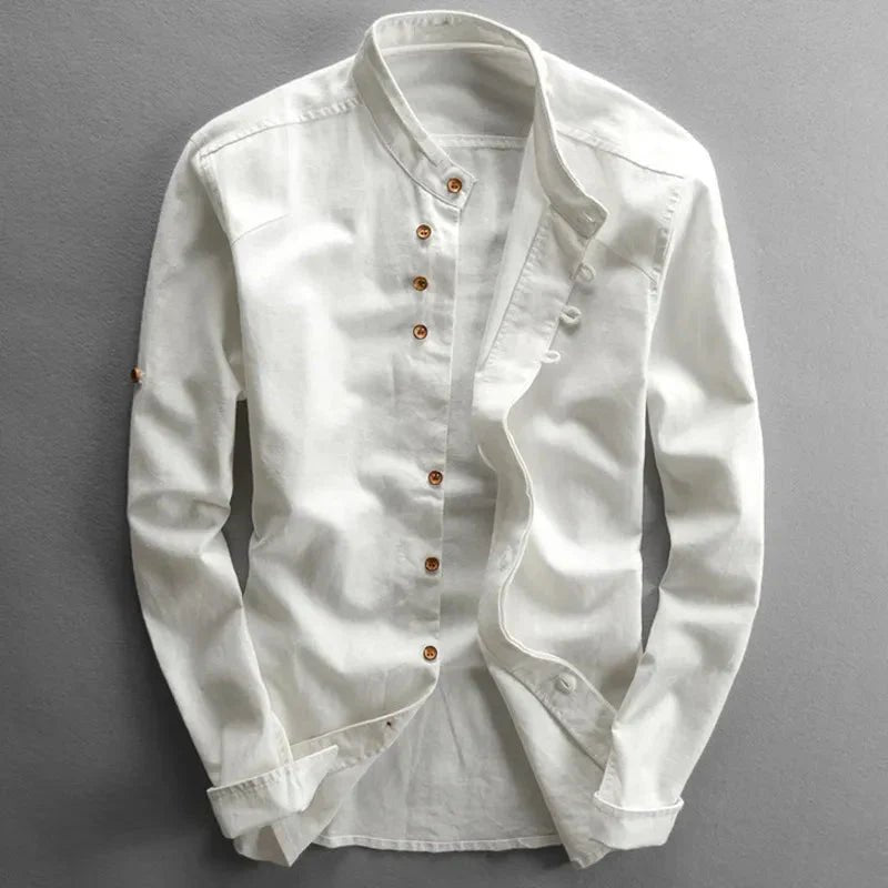 Camisa de algodón estilo kimono con cuello mao para hombre