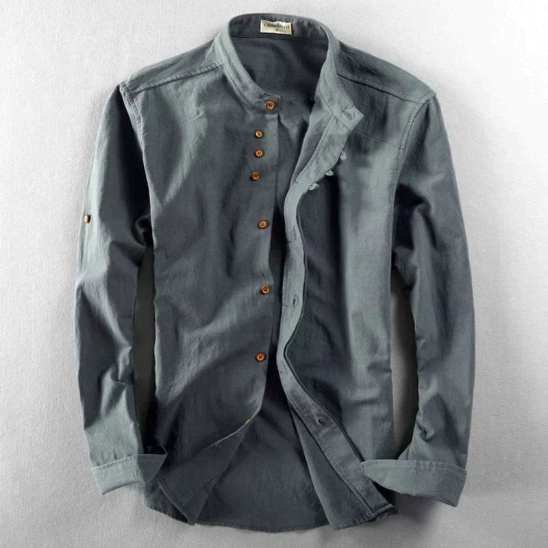 Camisa de algodón estilo kimono con cuello mao para hombre