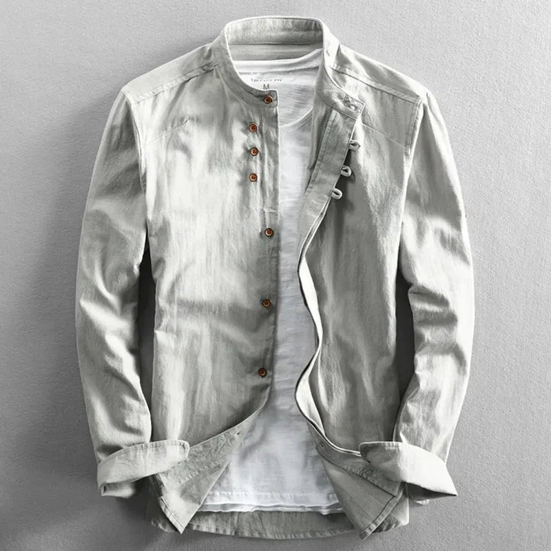Camisa de algodón estilo kimono con cuello mao para hombre