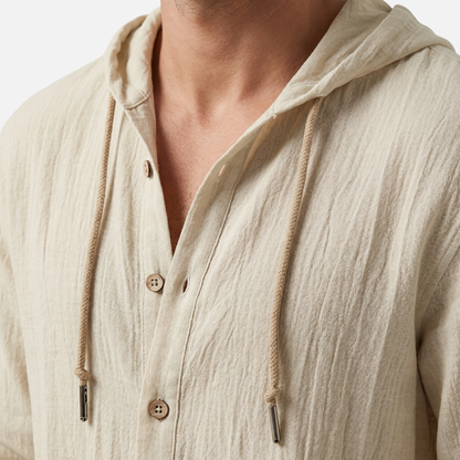 Camisa con capucha casual de lino en corte relajado con botones para hombre