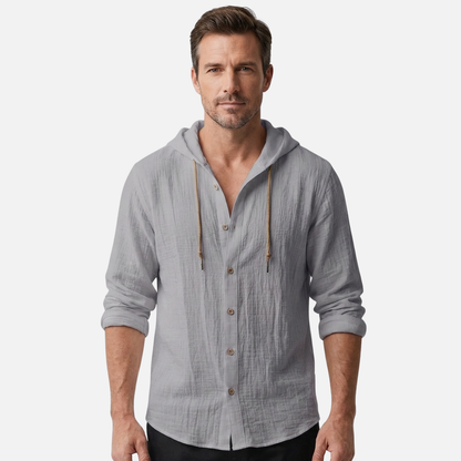 Camisa con capucha casual de lino en corte relajado con botones para hombre