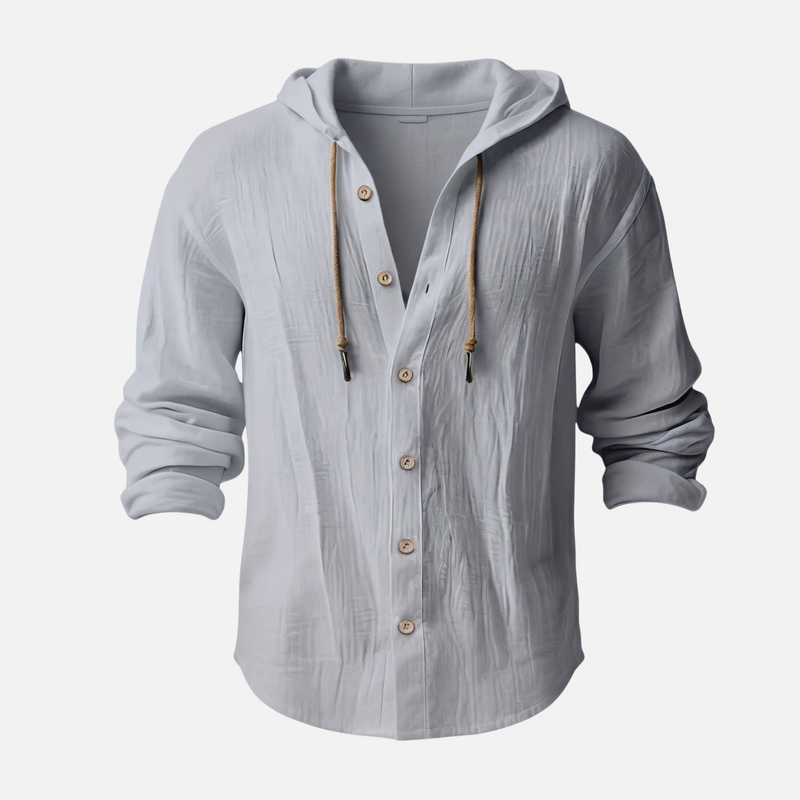 Camisa con capucha casual de lino en corte relajado con botones para hombre