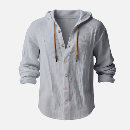 Camisa con capucha casual de lino en corte relajado con botones para hombre
