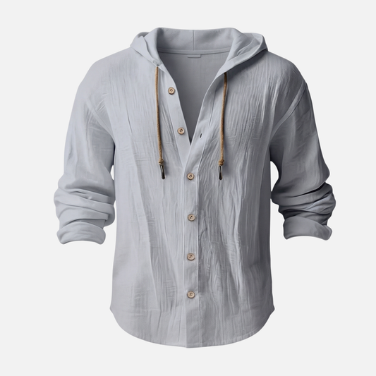 Camisa con capucha casual de lino en corte relajado con botones para hombre