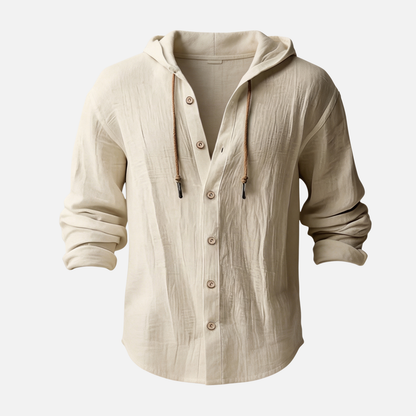 Camisa con capucha casual de lino en corte relajado con botones para hombre