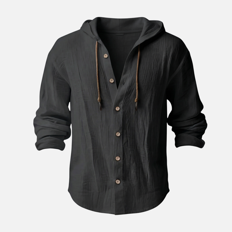 Camisa con capucha casual de lino en corte relajado con botones para hombre