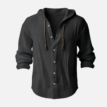 Camisa con capucha casual de lino en corte relajado con botones para hombre