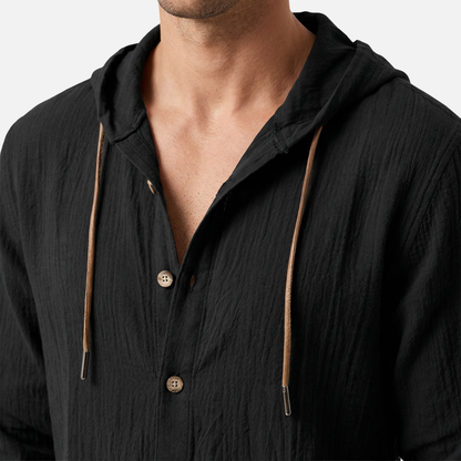 Camisa con capucha casual de lino en corte relajado con botones para hombre