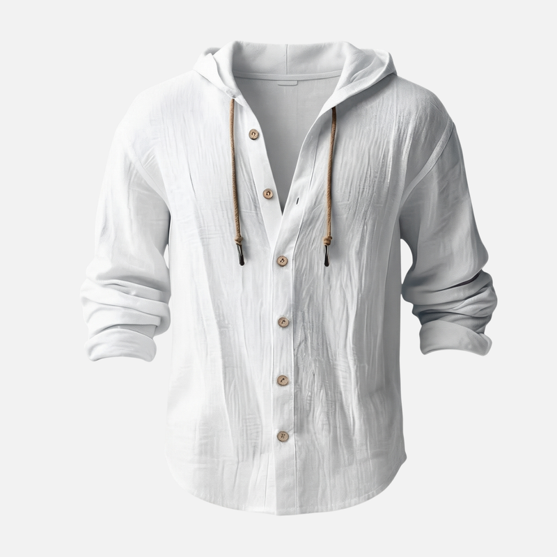 Camisa con capucha casual de lino en corte relajado con botones para hombre