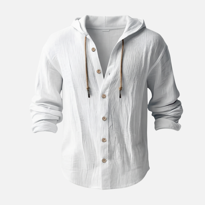 Camisa con capucha casual de lino en corte relajado con botones para hombre