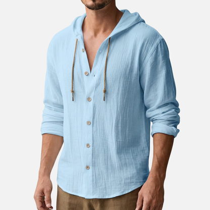 Camisa con capucha casual de lino en corte relajado con botones para hombre
