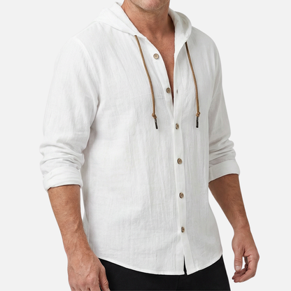 Camisa con capucha casual de lino en corte relajado con botones para hombre