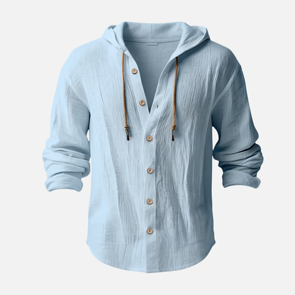 Camisa con capucha casual de lino en corte relajado con botones para hombre