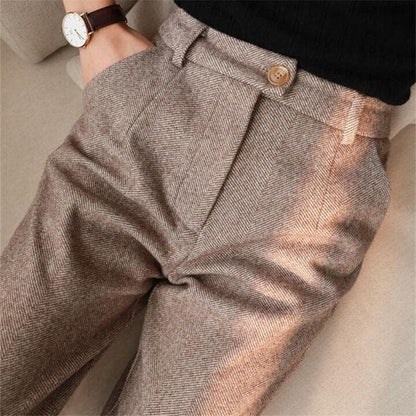Pantalón de tela espiga con cintura alta para hombre