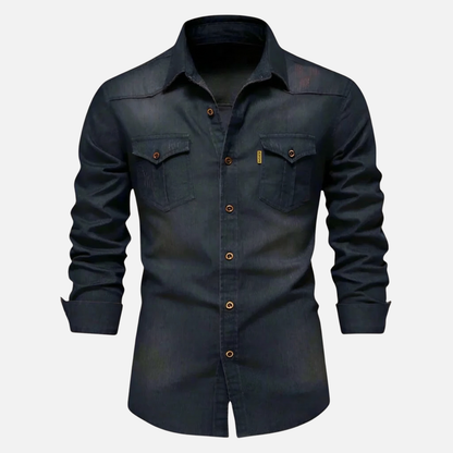 Camisa de mezclilla elástica para tiempo libre, corte slim fit con bolsillos en el pecho para hombre