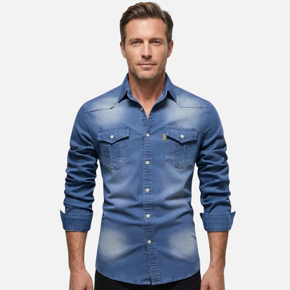 Camisa de mezclilla elástica para tiempo libre, corte slim fit con bolsillos en el pecho para hombre