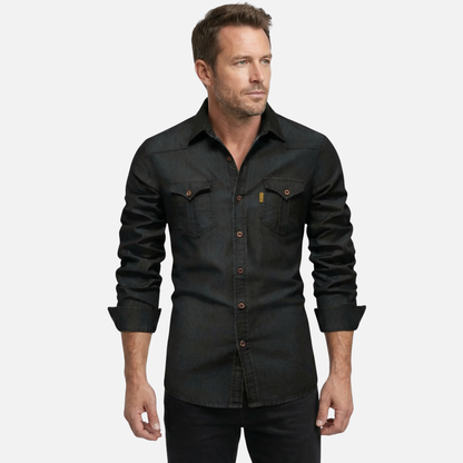Camisa de mezclilla elástica para tiempo libre, corte slim fit con bolsillos en el pecho para hombre
