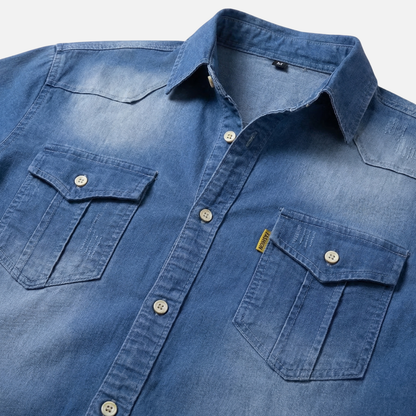Camisa de mezclilla elástica para tiempo libre, corte slim fit con bolsillos en el pecho para hombre