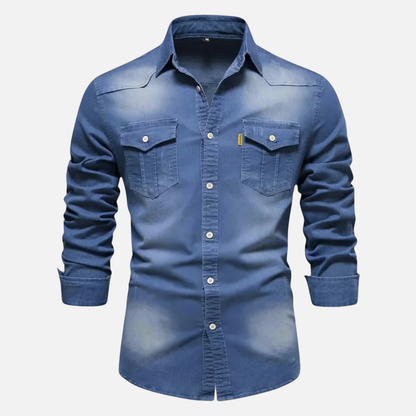 Camisa de mezclilla elástica para tiempo libre, corte slim fit con bolsillos en el pecho para hombre
