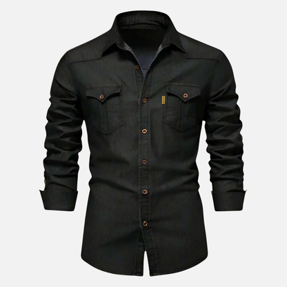 Camisa de mezclilla elástica para tiempo libre, corte slim fit con bolsillos en el pecho para hombre