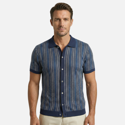 Camisa de punto a rayas de manga corta con botones para hombre