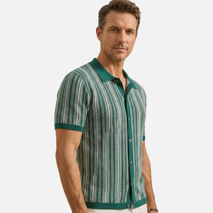 Camisa de punto a rayas de manga corta con botones para hombre