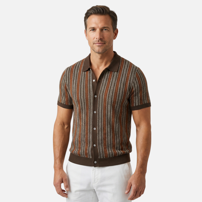 Camisa de punto a rayas de manga corta con botones para hombre