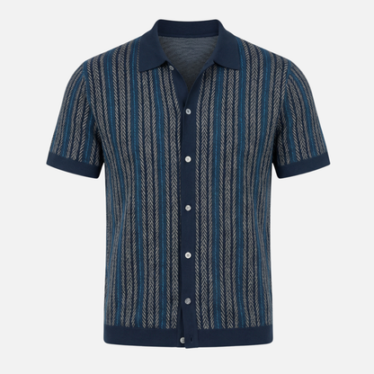 Camisa de punto a rayas de manga corta con botones para hombre