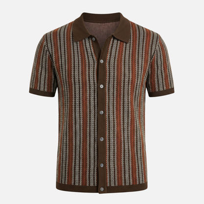Camisa de punto a rayas de manga corta con botones para hombre