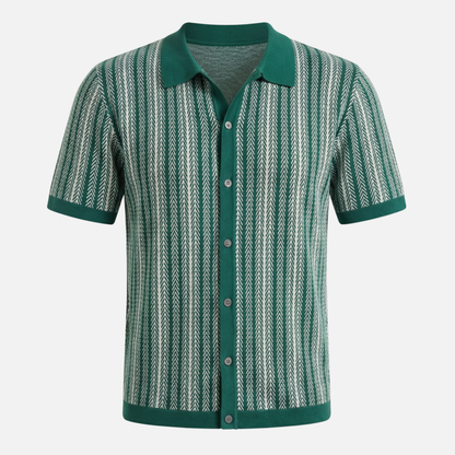 Camisa de punto a rayas de manga corta con botones para hombre