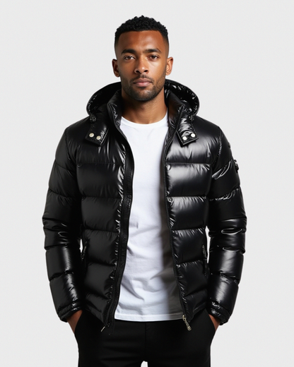 Chaqueta acolchada brillante con capucha oversize para hombre