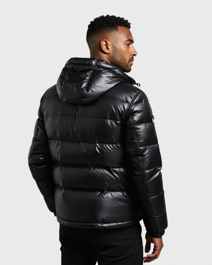 Chaqueta acolchada brillante con capucha oversize para hombre