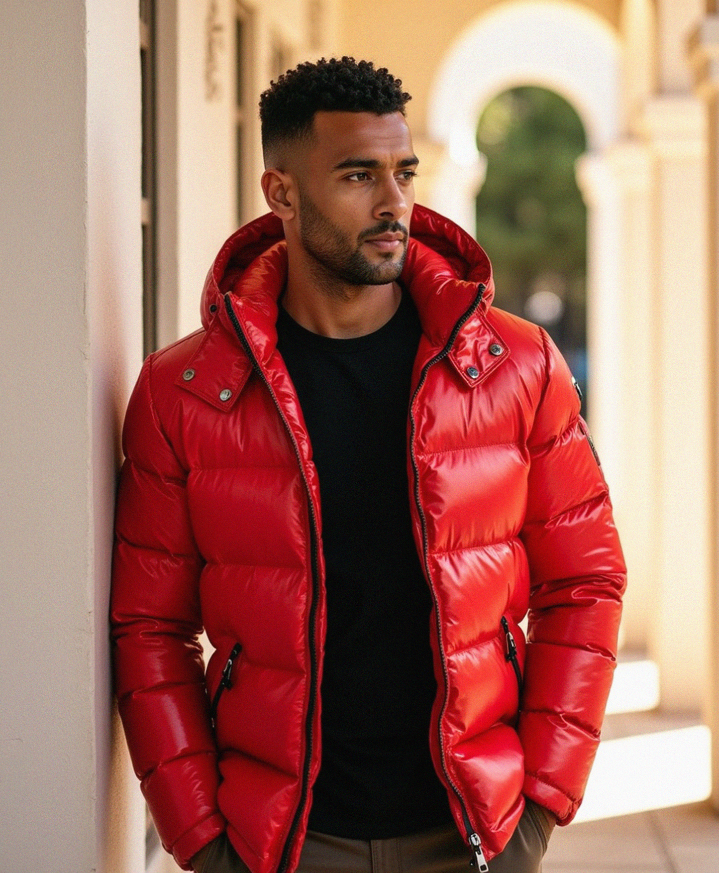 Chaqueta acolchada brillante con capucha oversize para hombre
