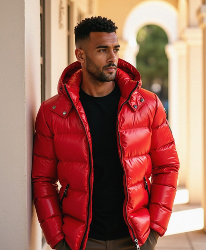 Chaqueta acolchada brillante con capucha oversize para hombre