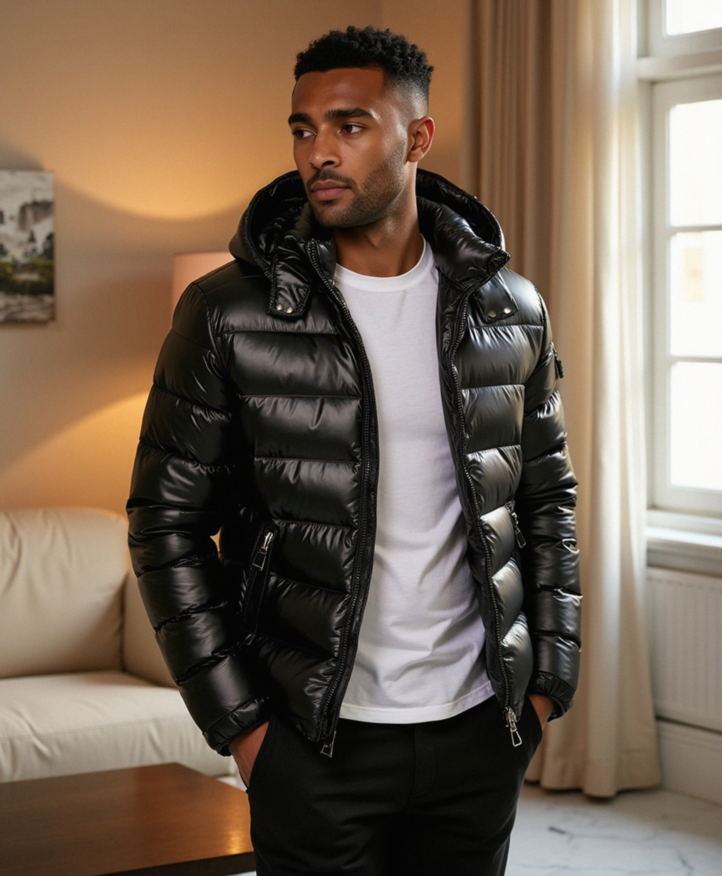 Chaqueta acolchada brillante con capucha oversize para hombre