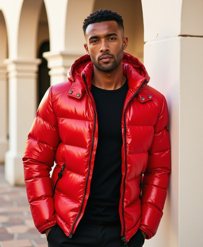 Chaqueta acolchada brillante con capucha oversize para hombre