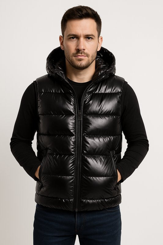 Chaleco acolchado brillante con capucha para hombre