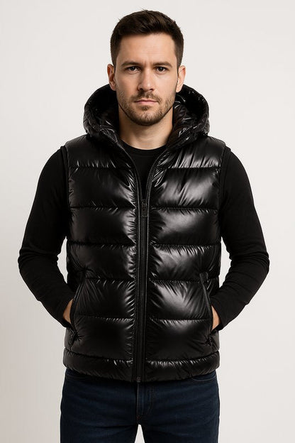 Chaleco acolchado brillante con capucha para hombre